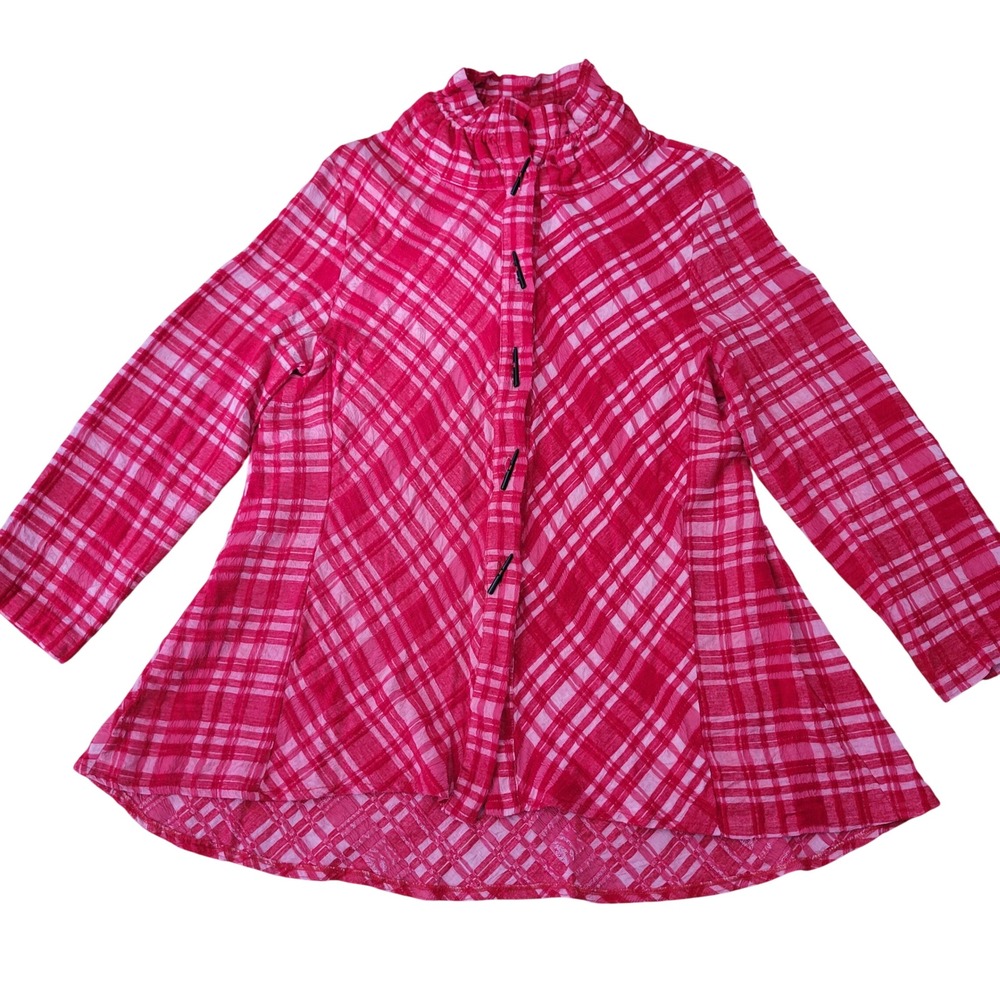 Moonlight L Swing Tunic Red Plaid Toggle Art to Wear Artsy Lagenlook Mock Neck